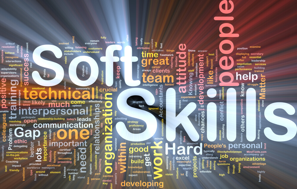 A word cloud with "Soft Skills" prominently featured, like on a standout resume. Other visible words include "technical," "communication," "people," "team," and "interpersonal." The background boasts a dynamic, radiating design that highlights essential qualities.